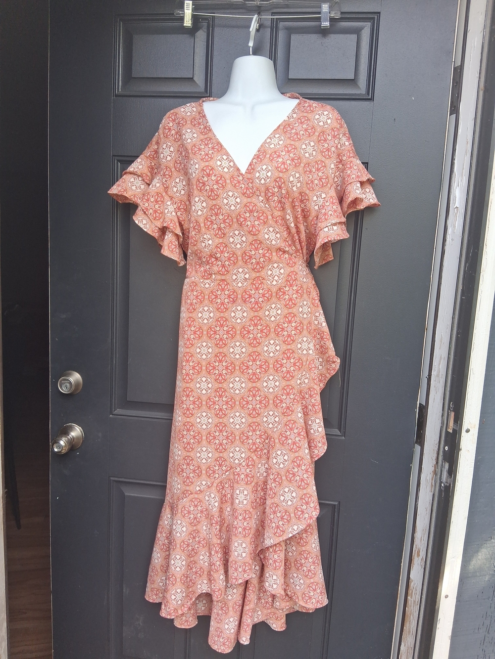 Max Studio Coral Print Ruffle Wrap Midi Dress